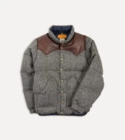 Rocky Mountain Featherbed For Drake's Herringbone Harris Tweed Leather Christy Down Jacket