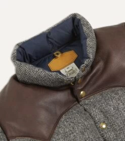 Rocky Mountain Featherbed For Drake's Herringbone Harris Tweed Leather Christy Down Jacket -Drakes Shop DR2A1Y22830 01603 3