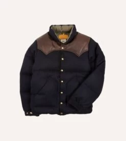 Rocky Mountain Featherbed For Drake's Navy Harris Tweed Leather Christy Down Jacket