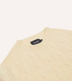Ecru Brushed Shetland Cable Knit Crew Neck Jumper -Drakes Shop DR2A3A23612 03050 3