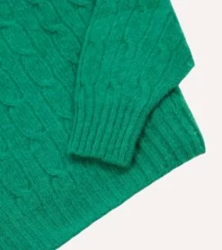 Green Brushed Shetland Cable Knit Crew Neck Jumper -Drakes Shop DR2A3A23612 05400 4