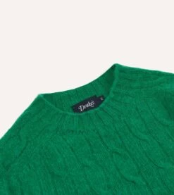 Green Brushed Shetland Cable Knit Crew Neck Jumper -Drakes Shop DR2A3A23612 05401