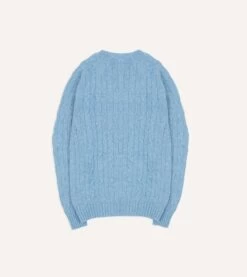 Blue Brushed Shetland Cable Knit Crew Neck Jumper -Drakes Shop DR2A3A23612 08200 5