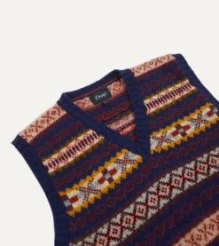 Navy Fair Isle Lambswool Sleeveless V-Neck Jumper -Drakes Shop DR2A3C22336 07251 3