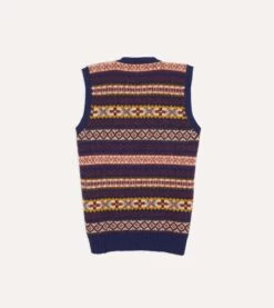 Navy Fair Isle Lambswool Sleeveless V-Neck Jumper -Drakes Shop DR2A3C22336 07251 5