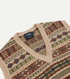 Beige Cotton Cashmere Fair Isle Knit Vest -Drakes Shop DR2A3C24021 01 301 3