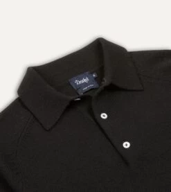 Black Merino Wool Knitted Polo -Drakes Shop DR2A3H21507 06100 3