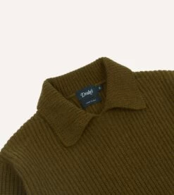 Olive Green Alpaca Lambswool Ribbed Integral Collar Jumper -Drakes Shop DR2A3I22556 01400 3