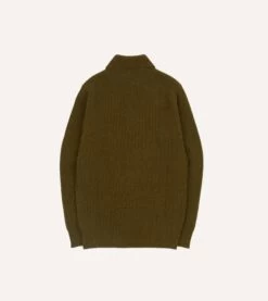Olive Green Alpaca Lambswool Ribbed Integral Collar Jumper -Drakes Shop DR2A3I22556 01400 5
