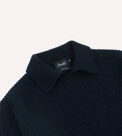 Navy Alpaca Lambswool Ribbed Integral Collar Jumper -Drakes Shop DR2A3I22556 02250 3