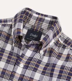 Navy Check Cotton Linen Button-Down Shirt -Drakes Shop DR2A4A23071 01663 3