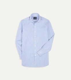 Dark Blue And White Bengal Stripe Spread Collar Cotton Poplin Shirt