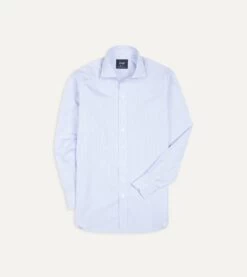 Sky Blue And White Bengal Stripe Spread Collar Cotton Poplin Shirt