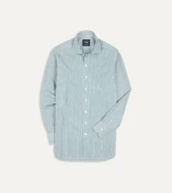 Green And White Bengal Stripe Spread Collar Cotton Poplin Shirt