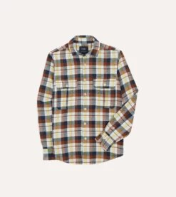 Navy, White And Rust Check Brushed Cotton Two-Pocket Work Shirt