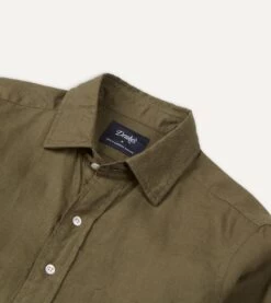 Khaki Green Linen Spread Collar Shirt -Drakes Shop DR2A4E21915 08400 3
