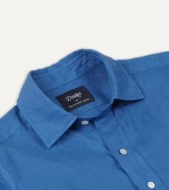 Bright Navy Linen Spread Collar Shirt -Drakes Shop DR2A4E21915 10250 3