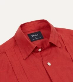 Red Linen Short Sleeve Cuban Shirt -Drakes Shop DR2A4E22213 06700 3