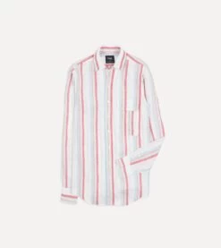 Ecru, Red And Blue Track Stripe Linen Spread Collar Shirt