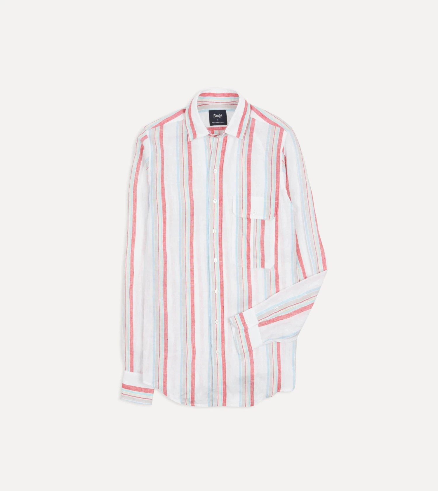 Ecru, Red And Blue Track Stripe Linen Spread Collar Shirt 3 Ecru, Red And Blue Track Stripe Linen Spread Collar Shirt