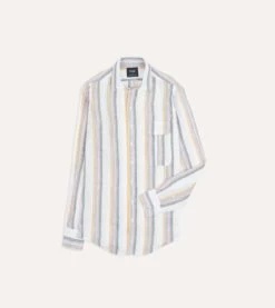 Ecru, Green And Purple Track Stripe Linen Spread Collar Shirt