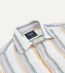 Ecru, Green And Purple Track Stripe Linen Spread Collar Shirt -Drakes Shop DR2A4E23062 02662 3
