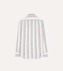 Ecru, Green And Purple Track Stripe Linen Spread Collar Shirt -Drakes Shop DR2A4E23062 02662 6