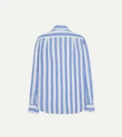 Blue And White Broad Stripe Linen Spread Collar Shirt -Drakes Shop DR2A4E23063 01 202 6
