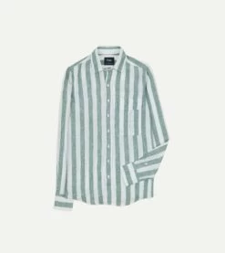 Green And White Broad Stripe Linen Spread Collar Shirt