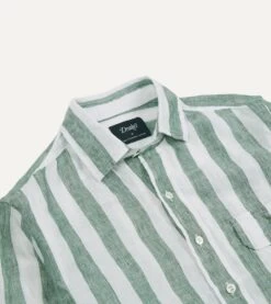 Green And White Broad Stripe Linen Spread Collar Shirt -Drakes Shop DR2A4E23063 02402 3
