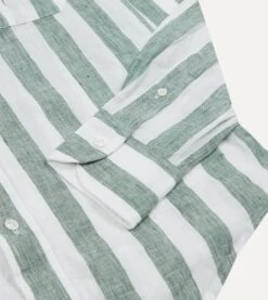 Green And White Broad Stripe Linen Spread Collar Shirt -Drakes Shop DR2A4E23063 02402 5