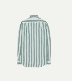 Green And White Broad Stripe Linen Spread Collar Shirt -Drakes Shop DR2A4E23063 02402 6