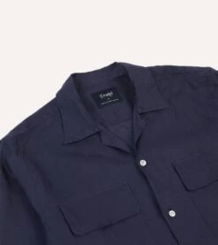 Navy Linen Camp Collar Long Sleeve Shirt -Drakes Shop DR2A4F24137 02250 3