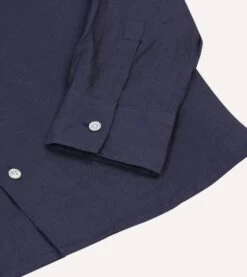 Navy Linen Camp Collar Long Sleeve Shirt -Drakes Shop DR2A4F24137 02250 5