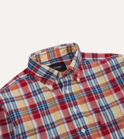 Red And Yellow Madras Check Cotton Button-Down Popover Shirt -Drakes Shop DR2A4O24026 01703 3