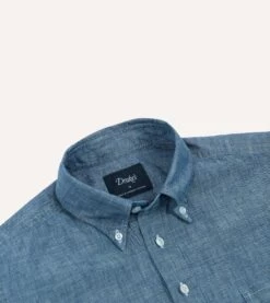 Bleach Blue Cotton Chambray Button-Down Popover Shirt -Drakes Shop DR2A4O24027 01200 3