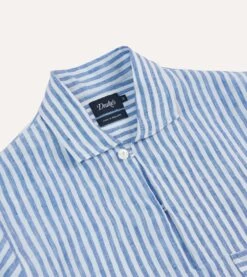Blue Stripe Linen Two-Pocket Popover Shirt -Drakes Shop DR2A4O24039 02202 3