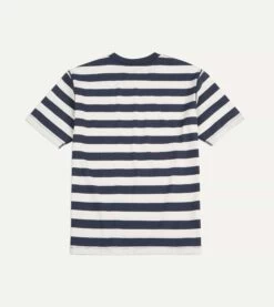 Navy And White Block Stripe Cotton Crew Neck Hiking T-Shirt -Drakes Shop DR2A5A22036 02252 5