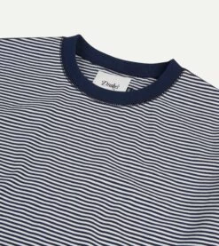 Ecru And Navy Stripe Cotton Crew Neck Hiking T-Shirt -Drakes Shop DR2A5A22387 01252 3
