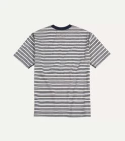 Ecru And Navy Triple Stripe Cotton Crew Neck Hiking T-Shirt -Drakes Shop DR2A5A22388 01252 5