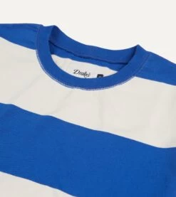 Blue And White Wide Stripe Heavy Cotton Crew Neck Hiking T-Shirt -Drakes Shop DR2A5A23165 01252 3