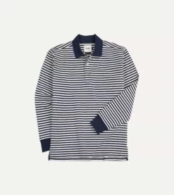 Navy And Ecru Stripe Knitted Jersey Cotton Long-Sleeve Polo Shirt