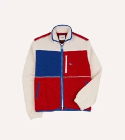 Ecru, Red And Blue Boucle Wool Zip Fleece Jacket