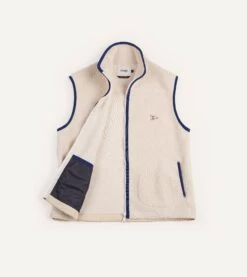 Ecru Boucle Wool Zip Fleece Vest -Drakes Shop DR2A5O21569 04000 2 LR