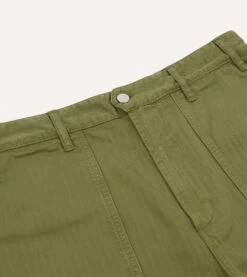 Olive Herringbone Cotton Fatigue Shorts -Drakes Shop DR2A6B22429 01400 3