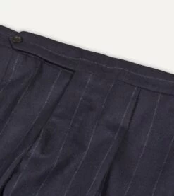 Navy Chalkstripe Wool Flannel Single Pleat Trouser -Drakes Shop DR2A6E21868 01252 3