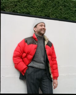 Rocky Mountain Featherbed For Drake's Red Nylon Leather Christy Down Jacket -Drakes Shop GreyRollneck