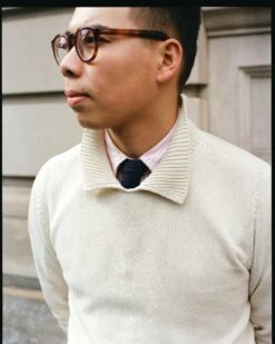 Ecru Silk Ribbed Integral Collar Jumper -Drakes Shop Junyin2