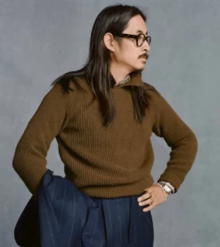 Olive Green Alpaca Lambswool Ribbed Integral Collar Jumper -Drakes Shop ProductImage 49