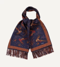 Navy Birds Of Paradise Print Tubular Silk Tasselled Scarf